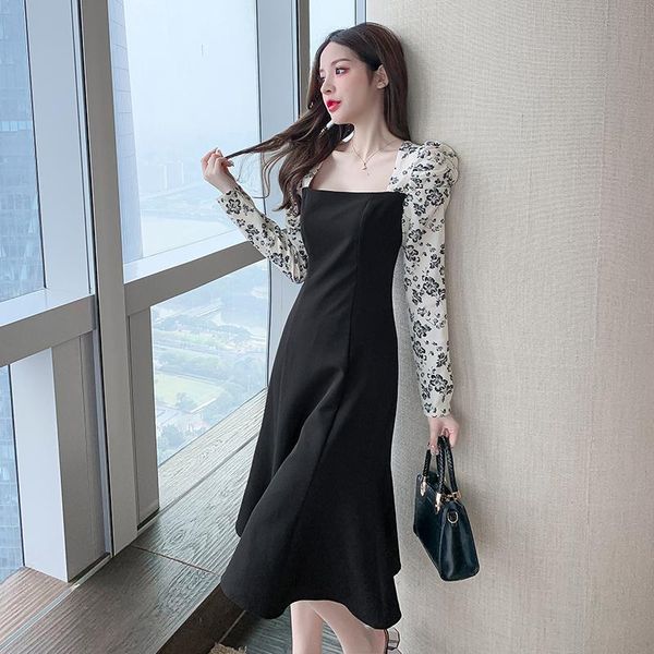 

casual dresses women one piece dress autumn 2021 office lady french korea style vintage long sleeve patchwork solid, Black;gray