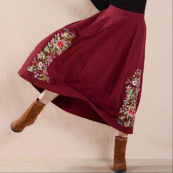 

ethnic style women cotton linen skirt mid waist spring autumn vintage floral embroidery pleated skirt jupe femme, Black