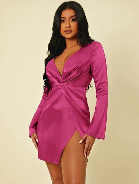 

plunging neck twist front wrap satin dress 41ga#, Black;gray