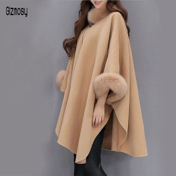 

women's wool & blends autumn winter women medium length woolen coat female elegant loose warm cape fur collar coats plus size ca6559, Black