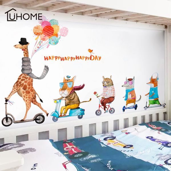 Cartoon Animal Family Giraffe Lion Fox Wall Stickers per la camera dei bambini Decorazione della parete Camera da letto per bambini Comodino Wallpaper 210308