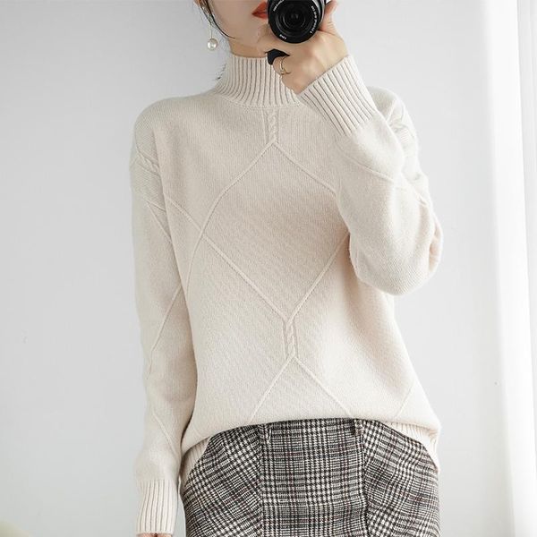 

women's sweaters autumn and winter thick 100% wool sweater women half high neck pullover loose solid color cashmere knitted bottoming s, White;black