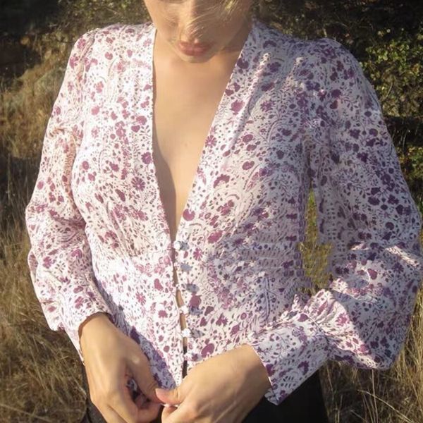 

100% silk 2021 spring and summer new wisteria vine floral retro lantern sleeve v-neck all-match tunic shirt c4sz, White