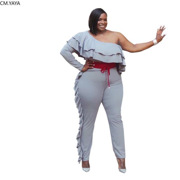 

women's jumpsuits & rompers plus size xl-4xl winter autumn women one shoulder full sleeve solid piece ruffles bodycon jumpsuit club rom, Black;white