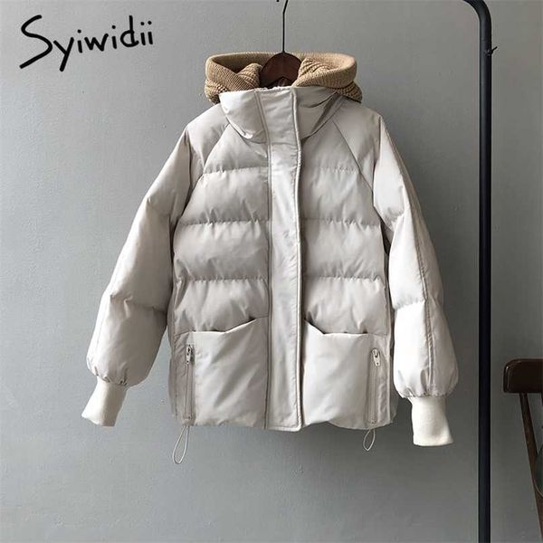 

syiwidii winter coat women jacket thicken warm oversized loose bubble beige outerwear with a knitted hood casual parkas 211216, Black