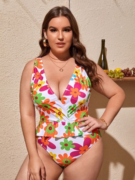 

plus floral print ruffle hem one piece swimsuit b5yr#, Black