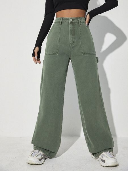 

high waisted patch pocket wide leg jeans w7oq#, Blue