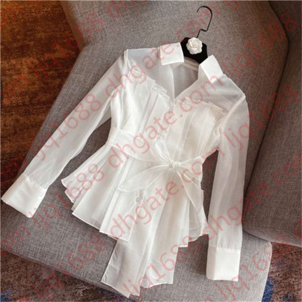 

2020 spring autumn new fashion lace-up belt organza shirt women's fairy white blouse lady female elegant blusas feminina
