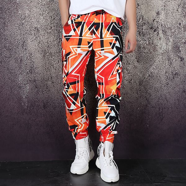 

(shirts+shorts) orange geometric pattern hip hop set summer casual 2 pieces sets dj rock singer dancer nightclub bar costume, Black;red