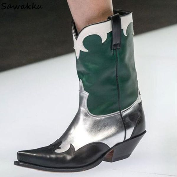 

boots stivali donna genuine leather womens cowboy vintage green-silver half booties middle heels pointed toe knight size42, Black