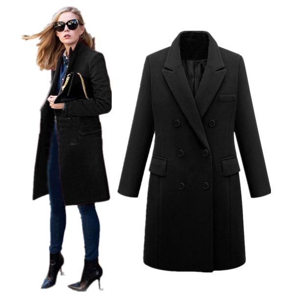 

coat women winter long sleeve coat button woolen jacket work office women clothes warm slim girl #n28, Black