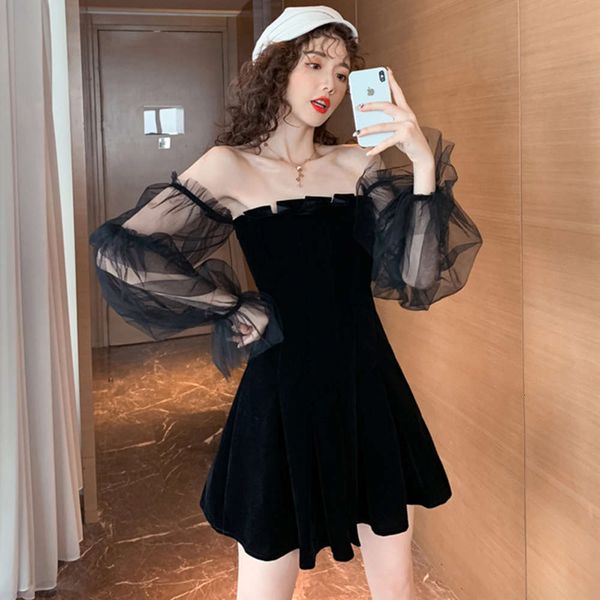 

2021french bubble sleeve one neck off shoulder velvet pleated dress, Black;gray