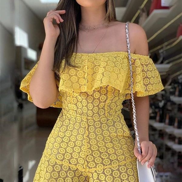 

women's jumpsuits & rompers fashion 2021 off shoulder embroidery short women slash neck sleeve ruffles casual beach overalls, Black;white