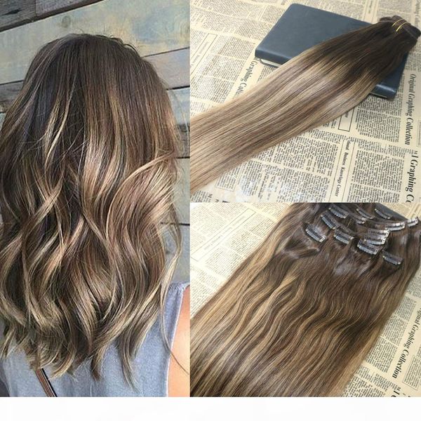 

omber clip in hair extensions balayage #2 dark brown fading to #27 remy human hair clip on extensions sew in brazilian weft extensions, Black