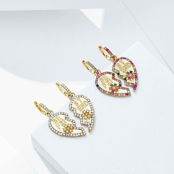 

hoop & huggie lost lady colorful rhinestone heart statement hanging earrings crystal huggies circle wholesale wedding jewelry, Golden;silver