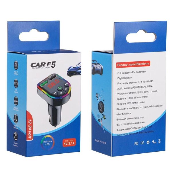 

f5 dual usb car charger bluetooth 5.0 fm transmitter rgb atmosphere led light car charging kit mp3 player wireless handsaudio receiver with