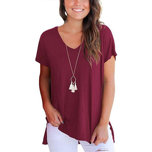 

women's t-shirt 2021 summer fashion plus size women v-neck shortsleeve hem asymmetrical split ladies casual streetwear solid tee shirt, White