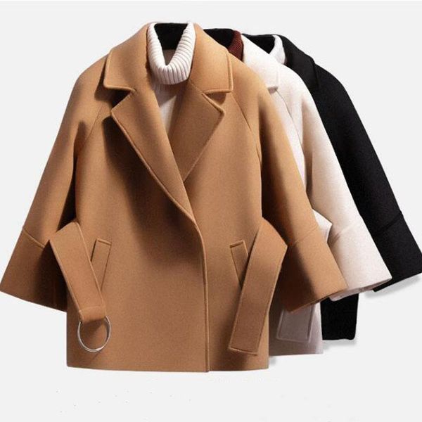 

women's wool & blends super fashion woolen trench coat lapel autumn outerwear coats thicken overcoat plus size s to xxxxl cloak with be, Black