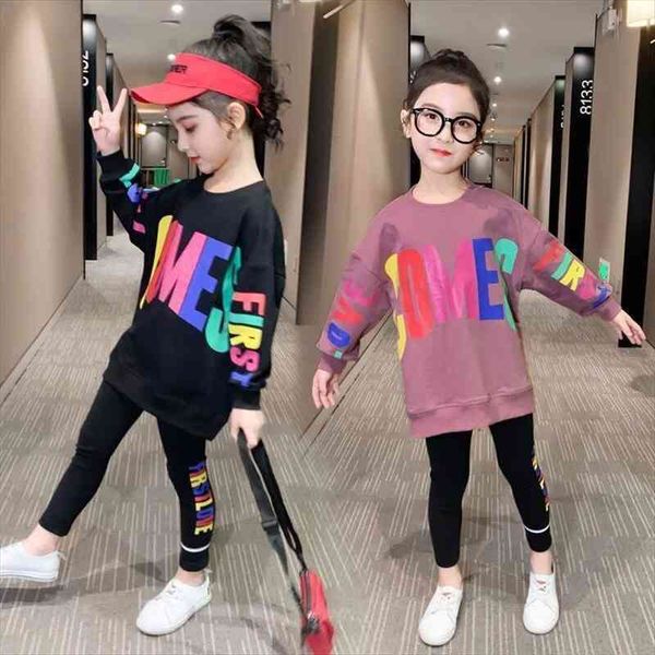 

spring autumn girls clothes letters t-shirt tracksuit loose hoodie t shirt leggings stretch pants 4 5 6 7 8 9, White