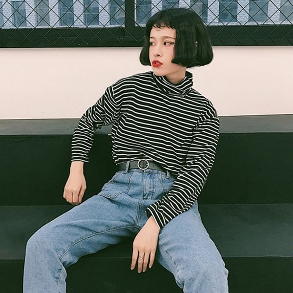 

spring autumn long-sleeve t-shirt black and white striped female turtleneck shirt lower shi students f0eb