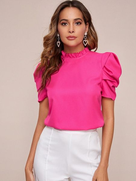 

neon pink frilled neck puff sleeve z96s#, White