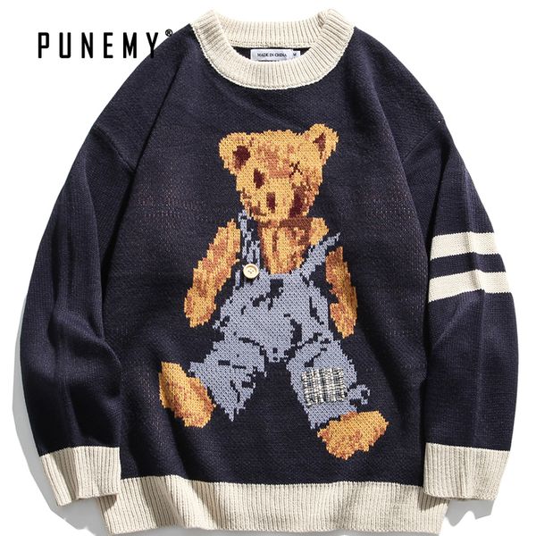 

2021 sweater men vintage teddy bear pattern acrylic o-neck hip hop streetwear harajuku autumn new sweter pullover male sweaters wy4m, White;black