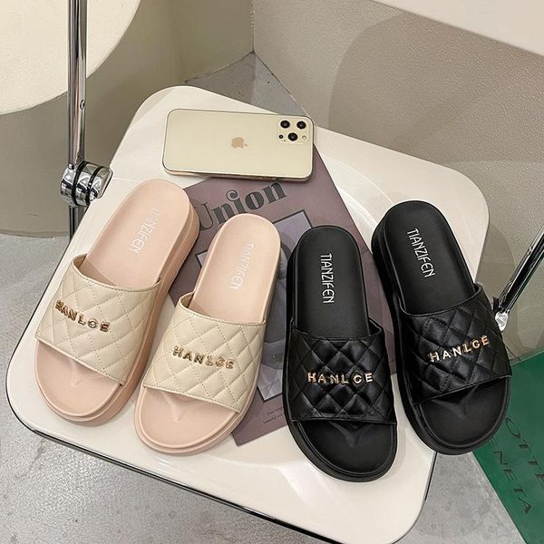 

slippers women's summer sandals thick soled one line beach, Black