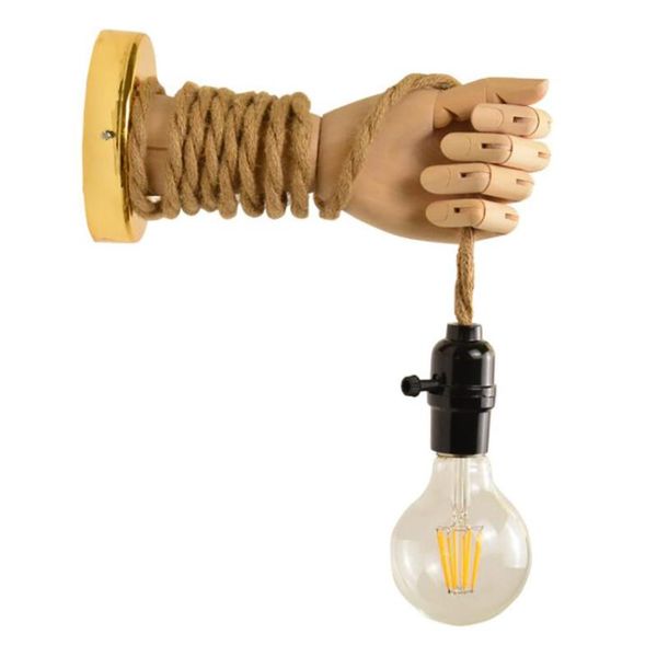 

creative wooden hand wall sconce with adjustable rope, wall light fixture industrial lamp fixture for bar, living room cafe