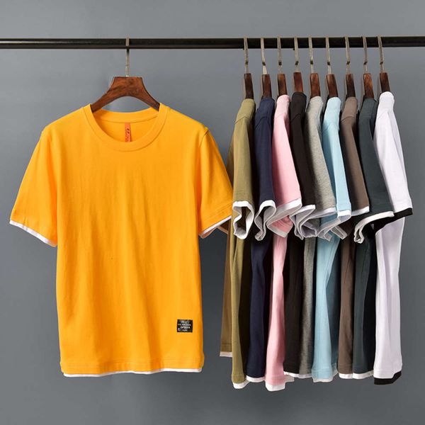 

men's base shirt solid color round neck pure cotton fake two short summer white black large half sleeve t-shirt