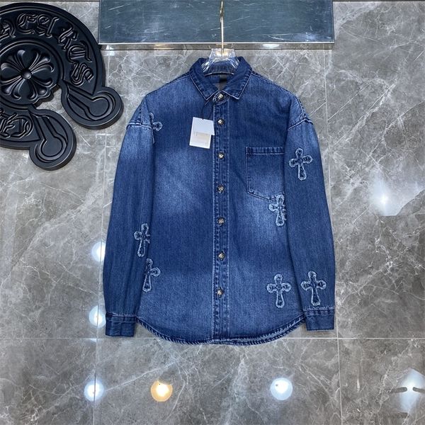 

autumn and winter tide embroidered cross shirt lovers long sleeve loose denim jacket men's, Black;brown