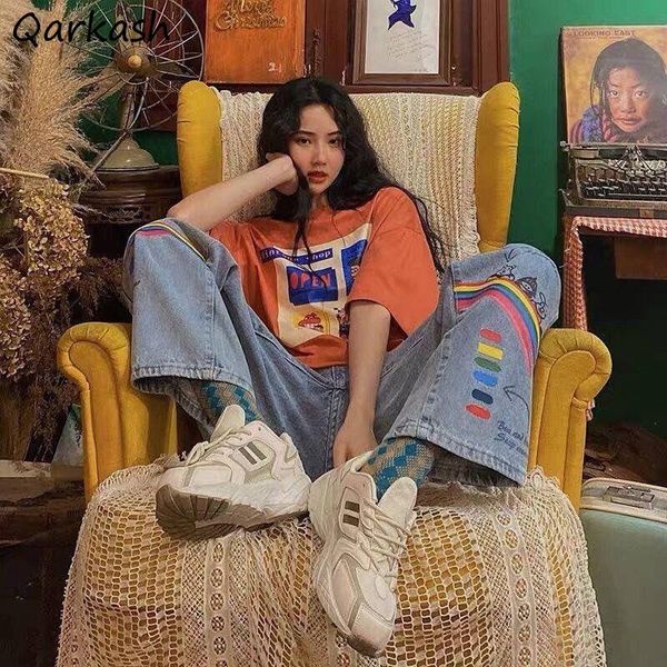 

women's jeans women loose leisure chic bf japanese style straight harajuku rainbow-print retro summer college teens streetwear trousers, Blue