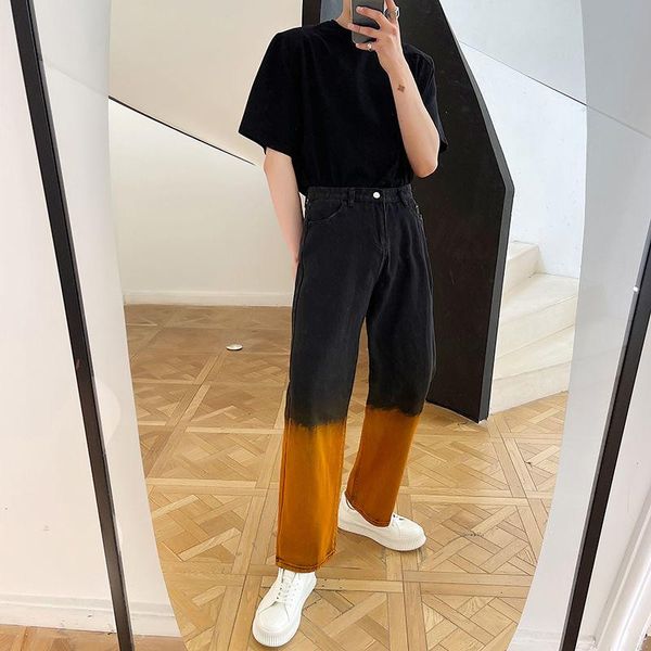 

men's jeans 2021 gradient color classic straight pants stretch slim fit casual cargo pocket black denim biker trousers, Blue