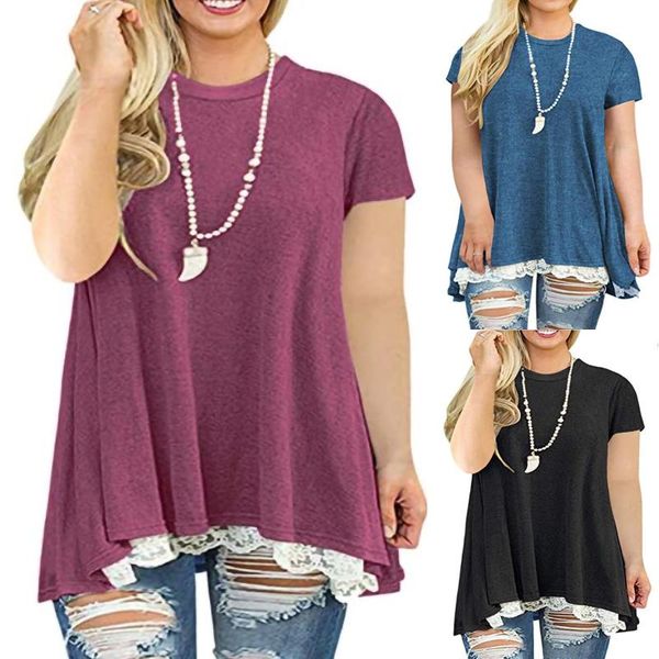 

women's t-shirt plus size t shirt women solid color summer ladies fashion casual lace shirts flowy a-line tunics ropa de mujer 2021, White