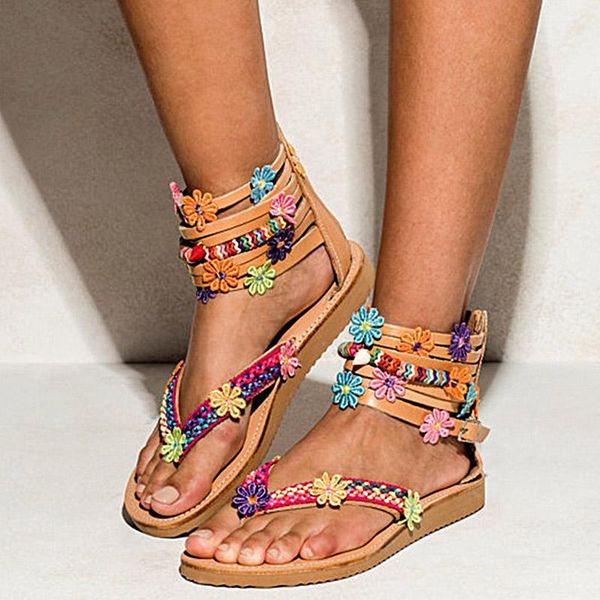 

woman sandals shoes retro flats flip flops women bohemia style women's sandals flowers flat shoes female beach slides footwear, Black