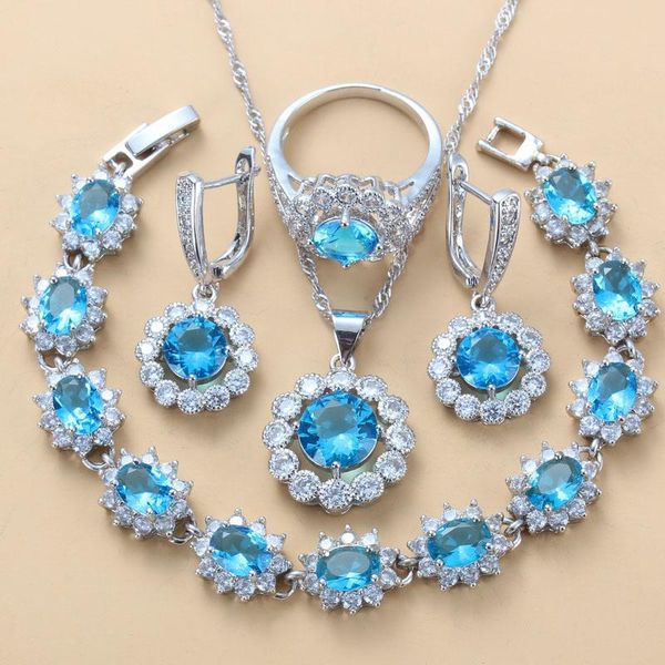 

earrings & necklace sky blue zircon round flower costume 4pcs jewelry sets for women bridal wedding party gift box, Silver