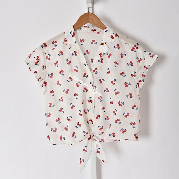 

2021 new camisa feminina algodo lao-up doce cereja impresso de manga com decote em v arco nico breasted lady blusa curta 9v1c, Black