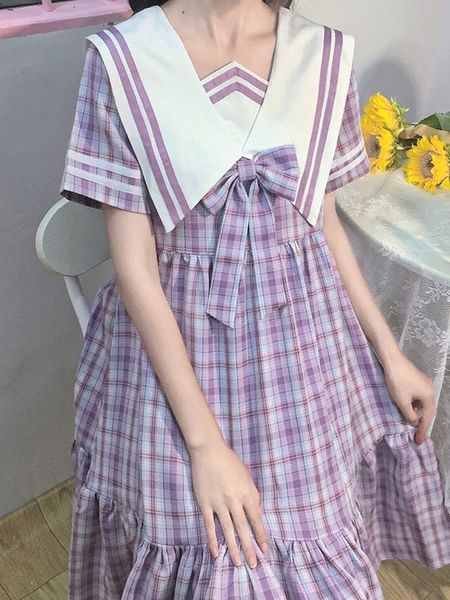 

korean fashionsailor dresses bow collar skirt summer 2021 new chess girl thin young-looking fit dress kawaii 3vlc, Black;gray