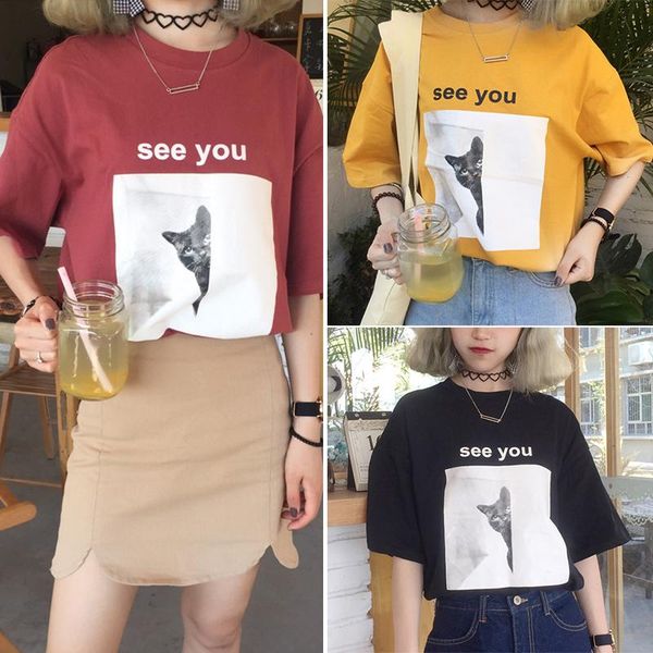 

women's t-shirt printed female short-sleeved simple korean, White