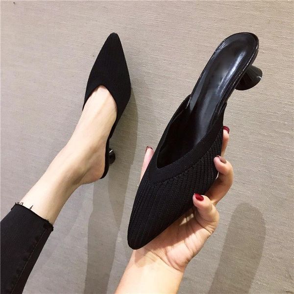 

baotou semi-slippers women's 2021 jessie li new joker stiletto trawl red muller shoes pointed high heels, Black