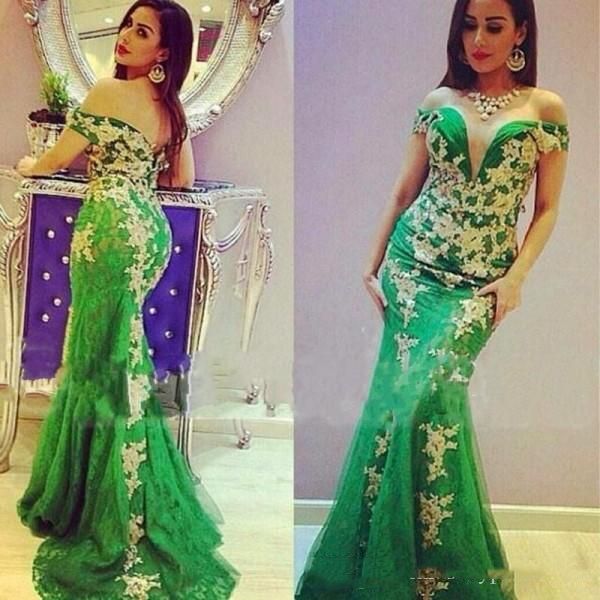 Seksi Suudi Arapça Yeşil Dantel Mermaid Abiye Kapalı Omuz Altın Aplikler Zarif Özel Durum Elbise Örgün Balo Parti Abiye