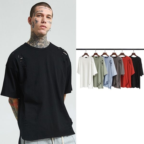 

high street wash hole split arc short sleeve t-shirt for men and women, White;black