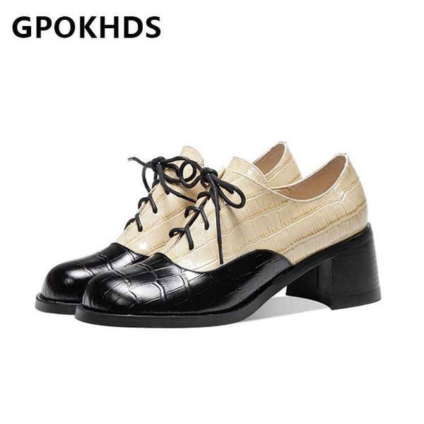

dress shoes gpokhds 2021 women pumps soft cow leather autumn spring lace up blue color square heel round toe high heels size 40, Black