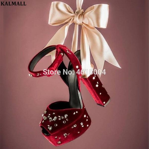 

dress shoes kalmall celebrity women platforms sandals crystal embellished block high heels burgundy ankle strap diamonds, Black