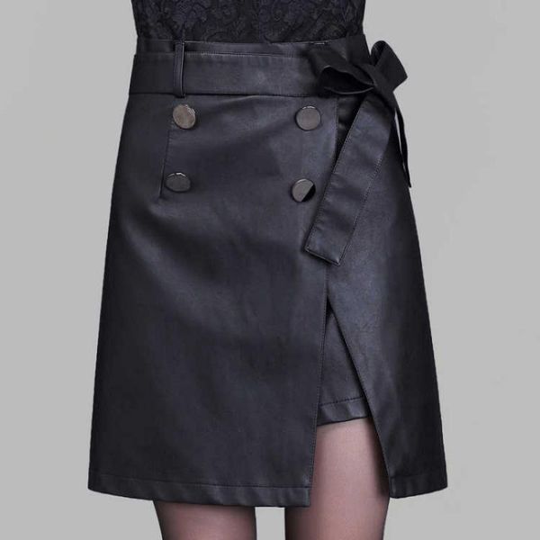 

skirts women skirt fashion casual leather 2021 party mini high waist ladies streetwear solid color lace up, Black