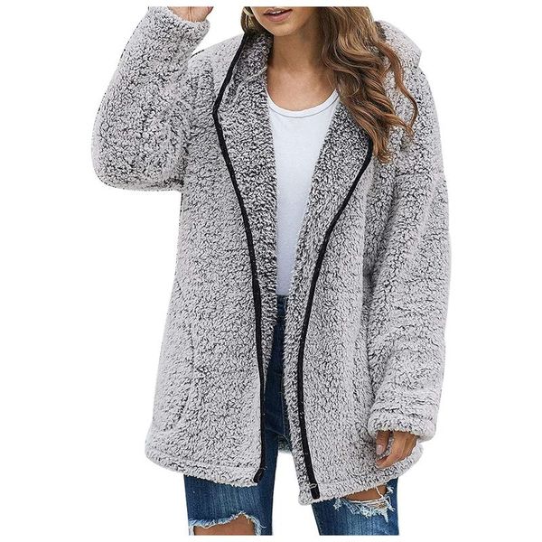 

women's wool & blends casual woman loose pocket woolen plush jackets fashion ladies winter long sleeve thick blend coat female outerwea, Black