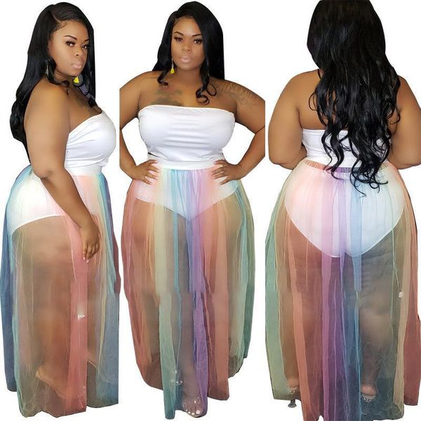 

plus size xl-5xl women two piece set dress strapless bodysuit sheer mesh rainbow stripe maxi skirt party suit, Gray