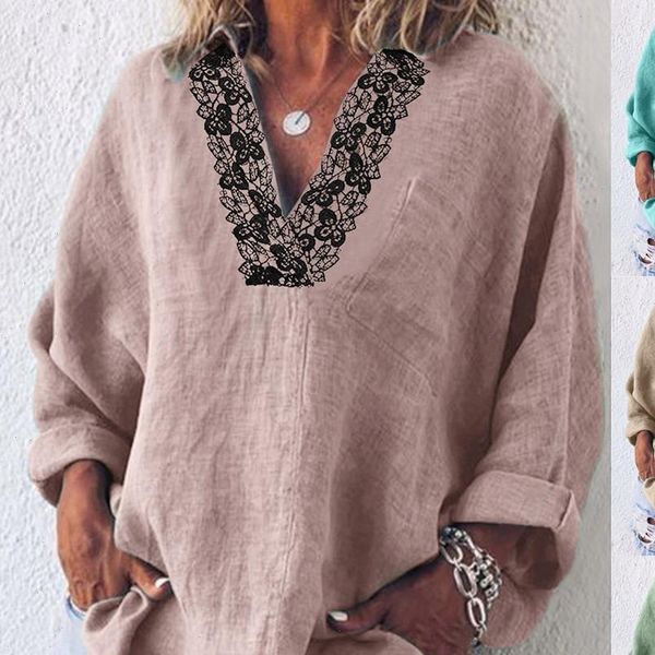 

autumn new fashion womens long sleeve plus size solid casual lace v neck blouse shirt z4, White