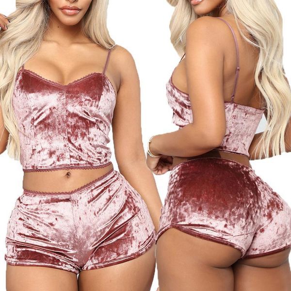 

2pcs/sets women suits velvet spaghetti strap sleepwear crop shorts pajamas casual nightwear pajama party clubwear 3xl, Gray