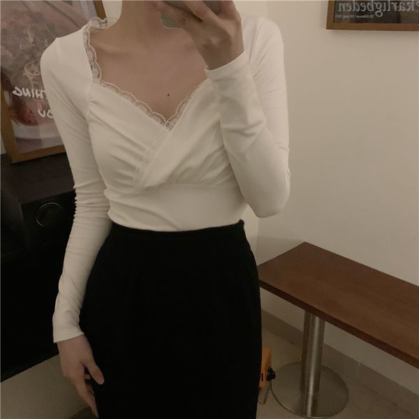 

2021 chic office lady v-neck brief stylish new women slim high street t-shirts all match female gentle basic yk4f, White