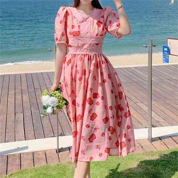 Vestido vintage de verão para mulher algodão linho v-pescoço em v rosa impresso vestidos senhora manga curta festa es 210603